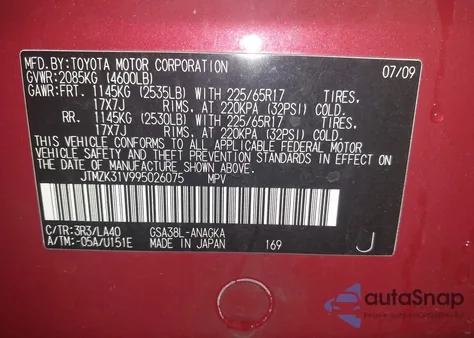 2009 Toyota Rav4 Limited V6 from USA, damaged, VIN JTMZK31V995026075